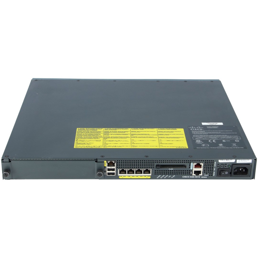 Cisco ASA 5510 Security Plus Firewall Edition includes 2 Gigabit Ethernet + 3 Fast Ethernet interfaces, 250 IPsec VPN peers, 2 SSL VPN peers, Active/Standby high availability, 3DES/AES license