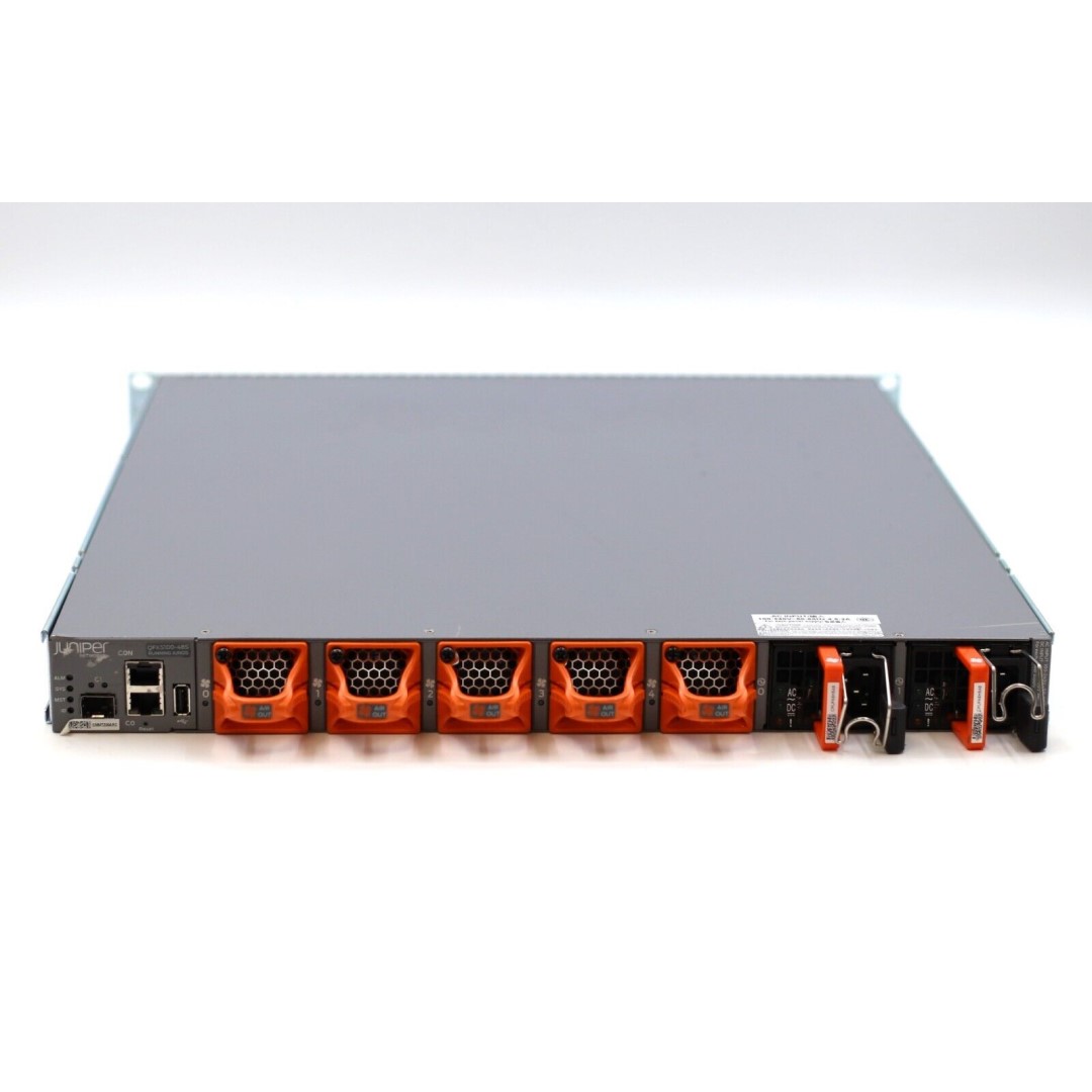 Juniper QFX5100, 48 SFP+/SFP ports, 6 QSFP ports, redundant fans, redundant AC power supplies, front-to-back airflow