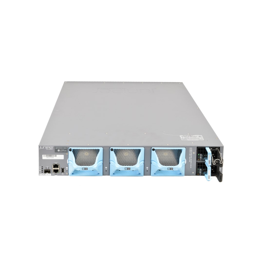 Juniper QFX5100, 96 SFP+/SFP ports, 8 QSFP ports, redundant fans, redundant AC power supplies, Back-to-Front airflow