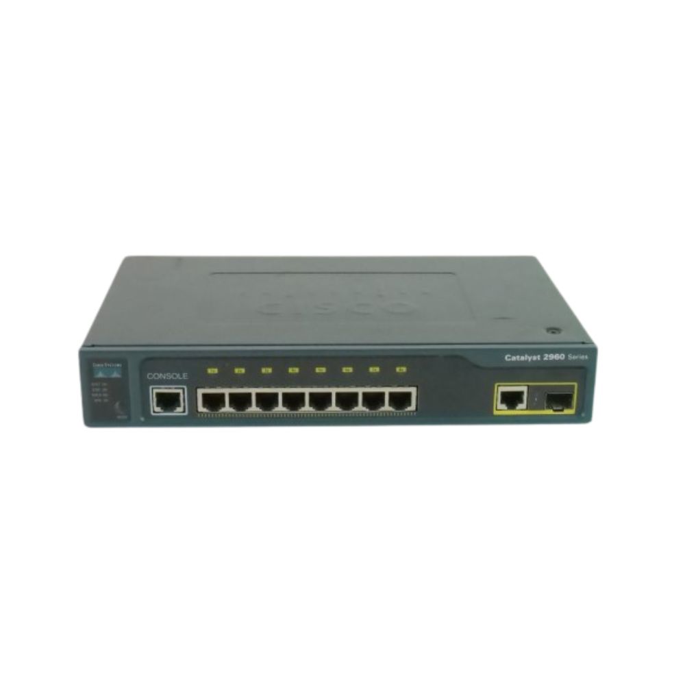 Cisco Catalyst 2960 8 10/100 Ethernet ports,  1 dual-purpose uplink (dual-purpose uplink port has 1 10/100/1000 Ethernet port and 1 SFP-based Gigabit Ethernet port, 1 port active), LAN Base software