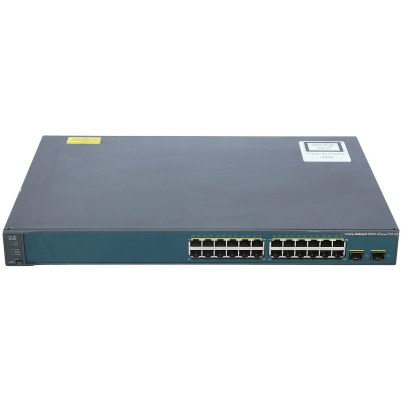 Cisco Catalyst 3560V2, 24 10/100 RJ45 PoE ports and 2 SFP uplink ports, IP Base (Standard) Image