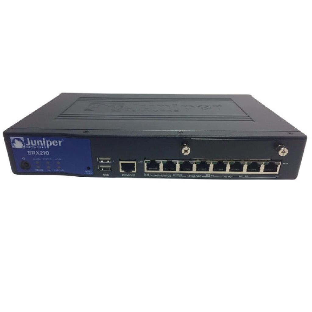 Juniper SRX210 Services Gateway with 2 GbE + 6 Fast Ethernet ports, 1 Mini-PIM slot, 1 ExpressCard slot and base memory (512 MB RAM, 1 GB Flash)