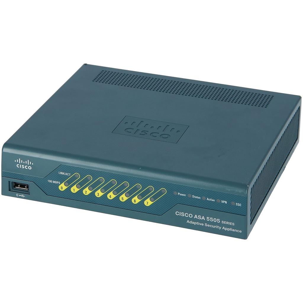 Cisco ASA 5505 Unlimited-User Security Plus Bundle includes 8-port Fast Ethernet switch, 25 IPsec VPN peers, 2 SSL VPN peers, DMZ, stateless Active/Standby high availability, 3DES/AES license