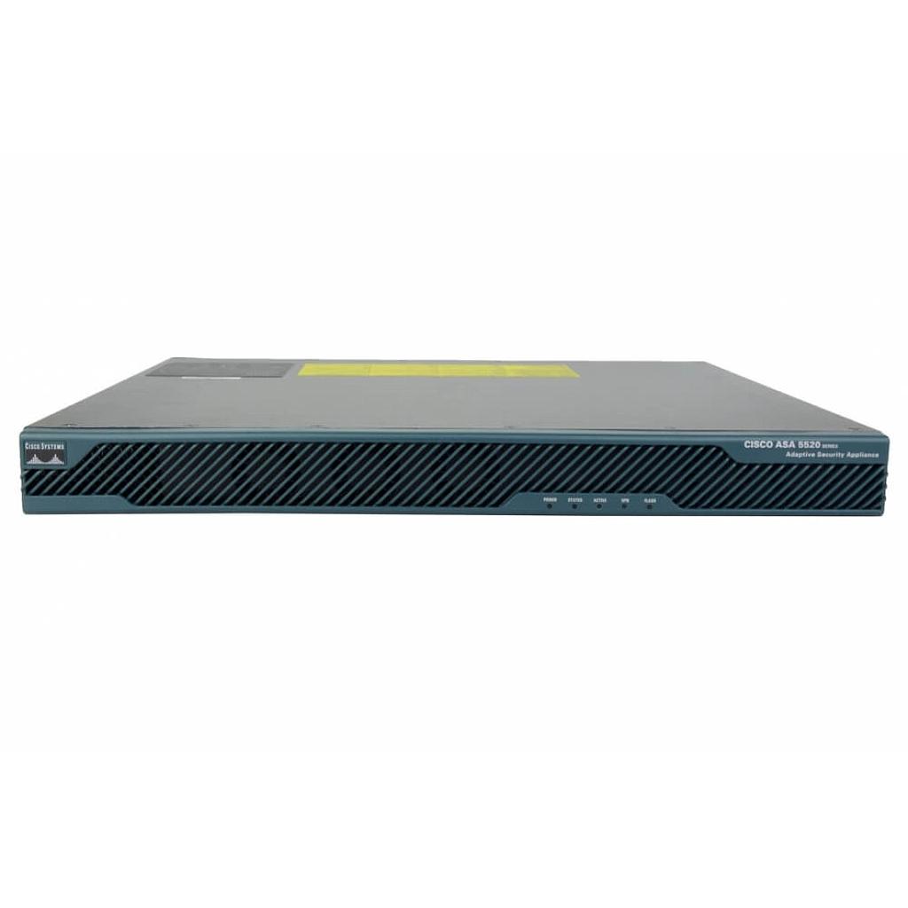 Cisco ASA 5520 IPS Edition includes AIP-SSM-10, firewall services, 750 IPsec VPN peers, 2 SSL VPN peers, 4 Gigabit Ethernet interfaces, 1 Fast Ethernet interface