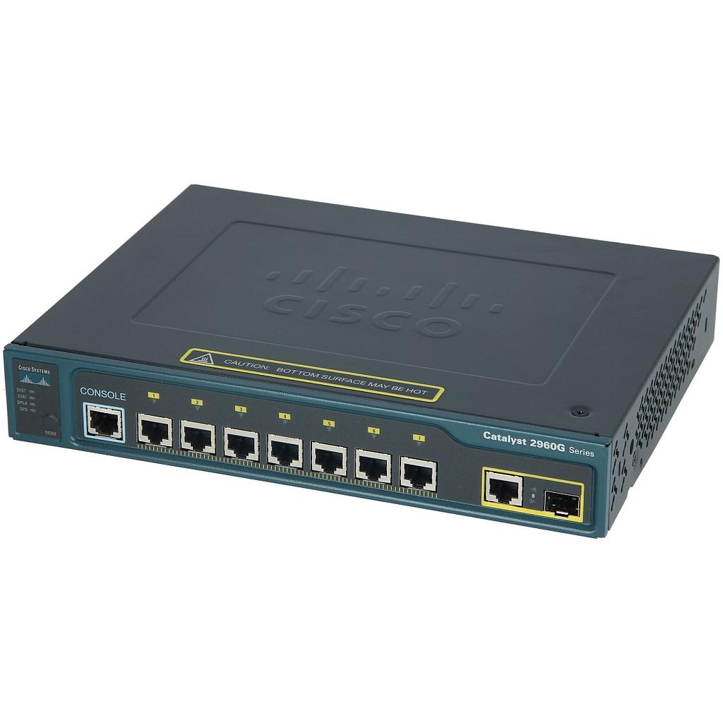 Cisco Catalyst 2960G 7 Ethernet 10/100/1000 ports and 1 dual-purpose uplink (dual-purpose uplink port has one 10/100/1000 Ethernet port and 1 SFP-based Gigabit Ethernet port, 1 port active), LAN Base Image