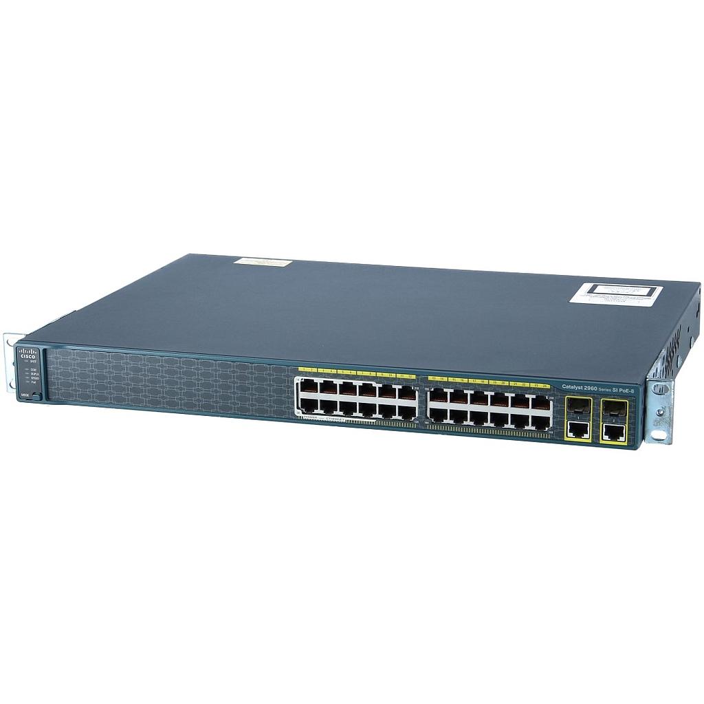 Cisco Catalyst 2960 24 10/100 (8 PoE) Ethernet ports and 2 dual-purpose uplinks (each dual-purpose uplink port has one 10/100/1000 Ethernet port and 1 SFP-based Gigabit Ethernet port, 1 port active), LAN Lite Image