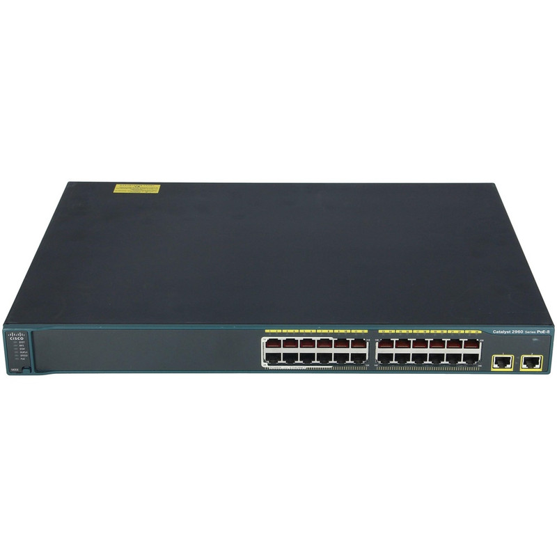 Cisco Catalyst 2960 24 10/100 (PoE supported on 8 ports) and two fixed 10/100/1000TX uplink ports, LAN Base Image