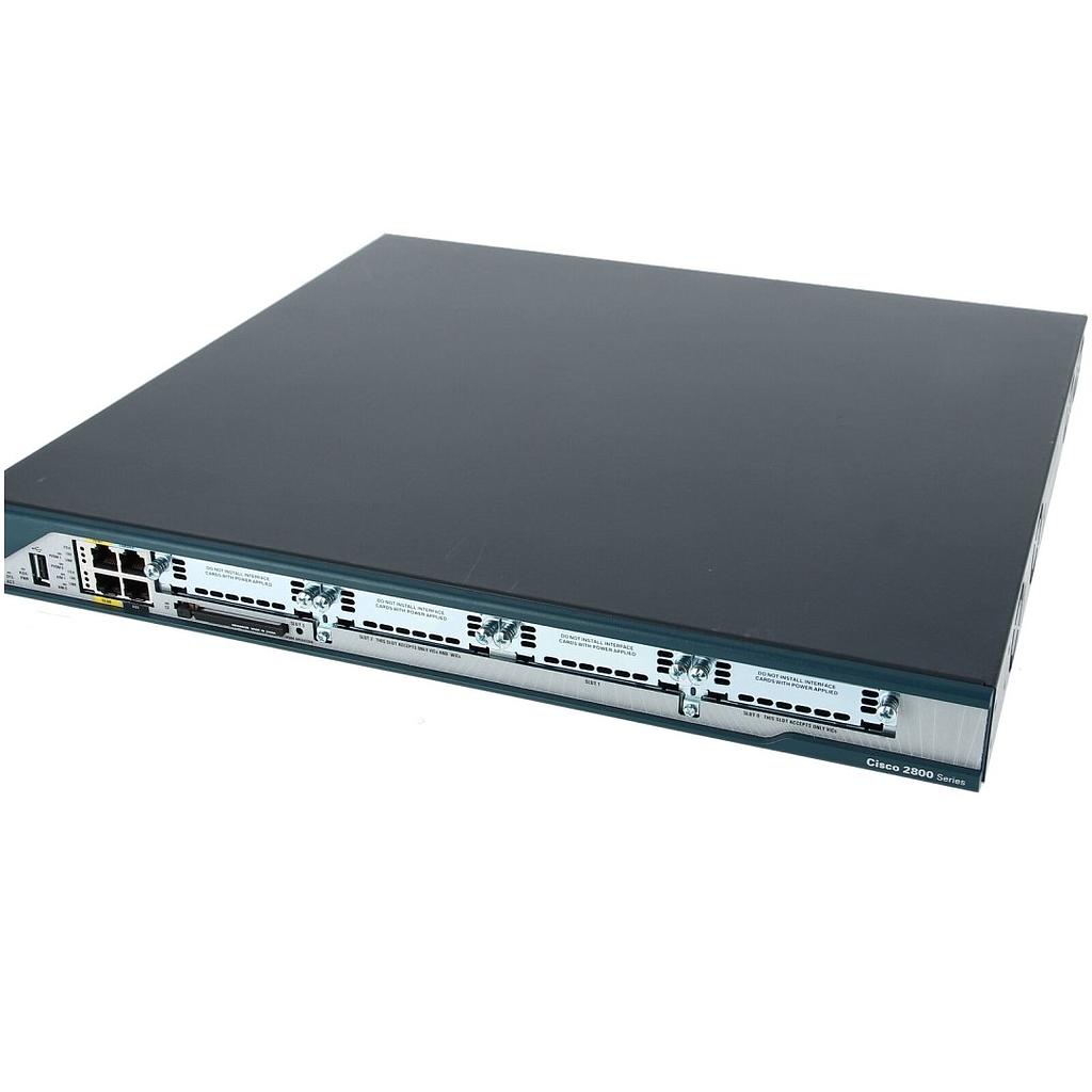 Cisco 2801 Integrated services router (ISR) with AC power, 2FE, 4 Interface Card Slots, 2 PVDM slots, 2 AIMs, and Cisco IOS IP Base Software