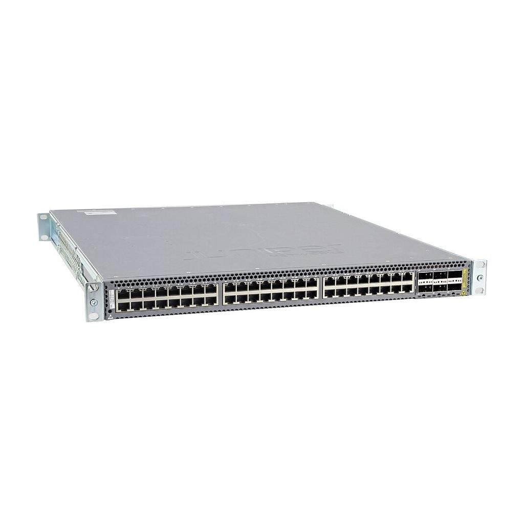 Juniper QFX5100, 48 100M/1G/10G RJ-45 ports, 6 QSFP ports, redundant fans, redundant AC power supplies, built-in port-to-PSU airflow