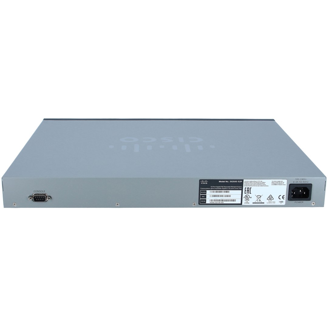 Cisco Small Business 500 Series SG500-52P Stackable Managed Switch, 48-Port 10/100/1000 PoE+ with 375W power budget & 4 Gigabit Ethernet (2 combo RJ45/SFP & 2 SFP) ports