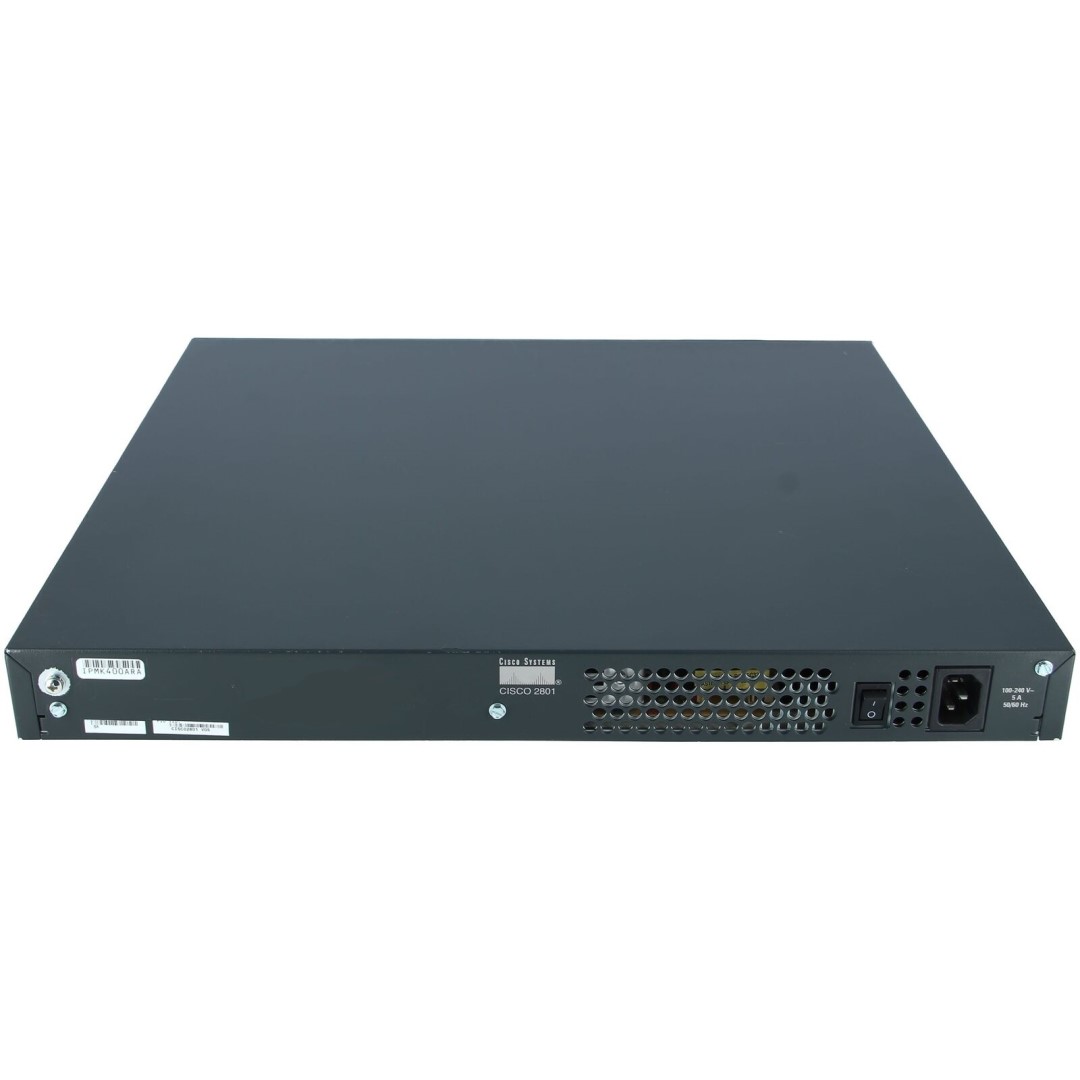 Cisco 2801 Integrated services router (ISR) with AC power, 2FE, 4 Interface Card Slots, 2 PVDM slots, 2 AIMs, and Cisco IOS IP Base Software