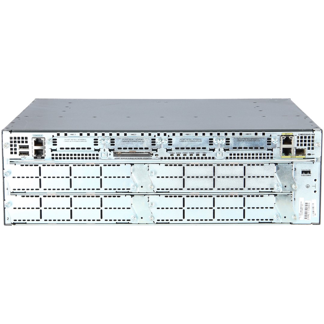 Cisco 3845 ISR with two Gigabit Ethernet fixed LAN ports, one SFP slot, four NMEs, four HWICs, two AIM slots, 4 PVDM slots Cisco IP Base software, and AC power