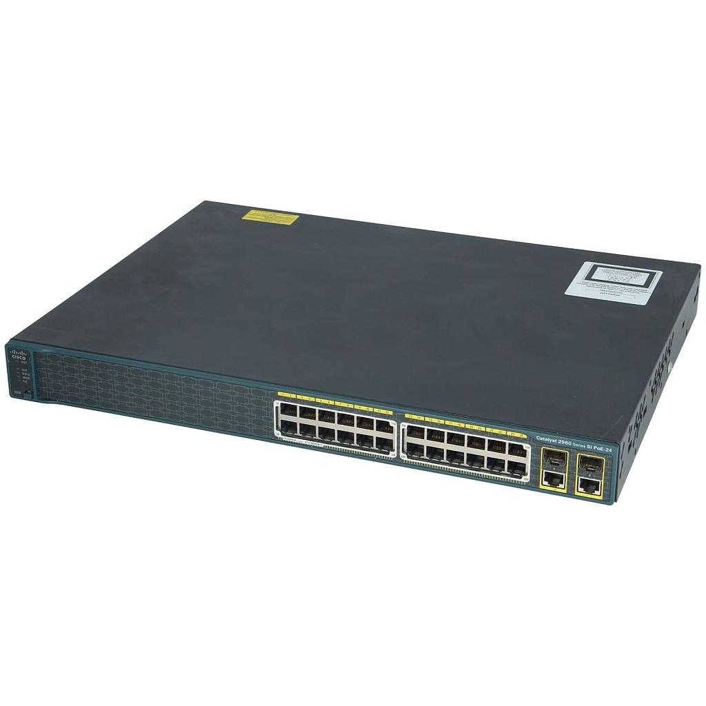 Cisco Catalyst 2960 24 Ethernet 10/100 PoE ports and 2 dual-purpose uplinks (each dual-purpose uplink port has 1 10/100/1000 Ethernet port and 1 SFP-based Gigabit Ethernet port, 1 port active), LAN Lite Image