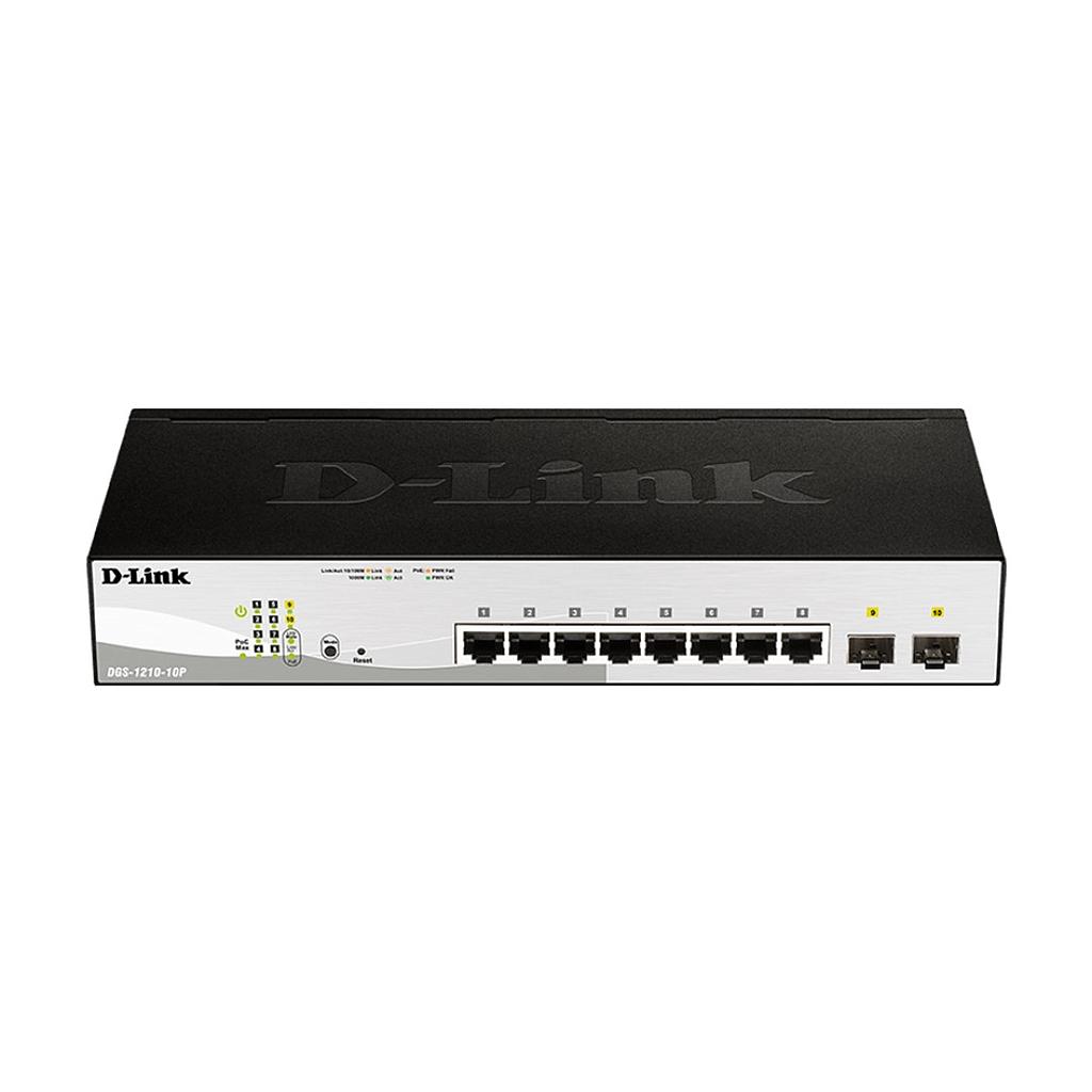 D-Link DGS-1210-10P, 8x 10/100/1000BASE-T PoE ports (65W PoE Budget) & 2x SFP, Fanless Managed Switch