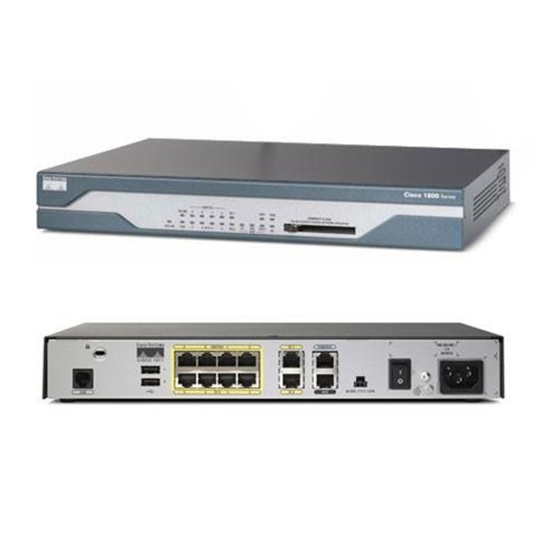 Cisco 1801 ISR ADSL over POTS router with 8-port 10/100BASE-T switch, ISDN S/T backup, Cisco IOS Advanced IP Services, 32 MB Flash, and 128 MB DRAM